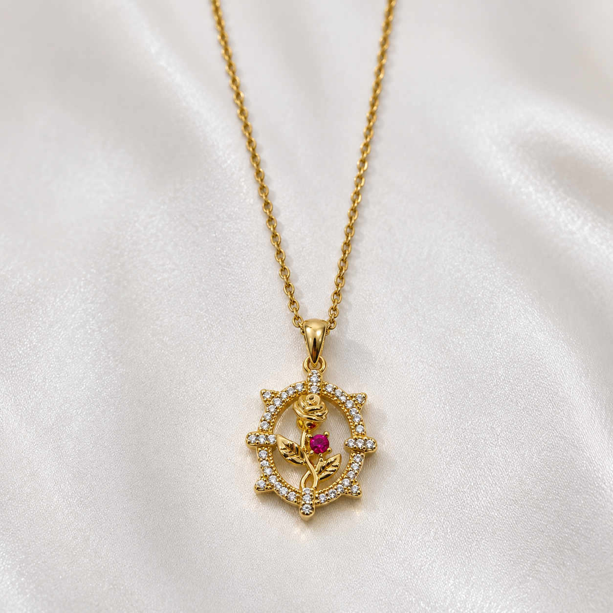 Crystal Rose Pendant Necklace – Gold Finish Elegant Floral Jewelry