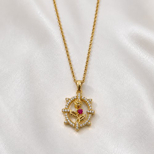 Crystal Rose Pendant Necklace – Gold Finish Elegant Floral Jewelry
