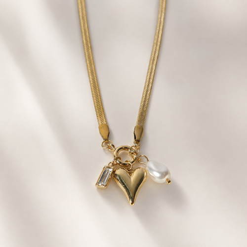 Gold-Plated Heart Charm Necklace with Pearl & Crystal Accents