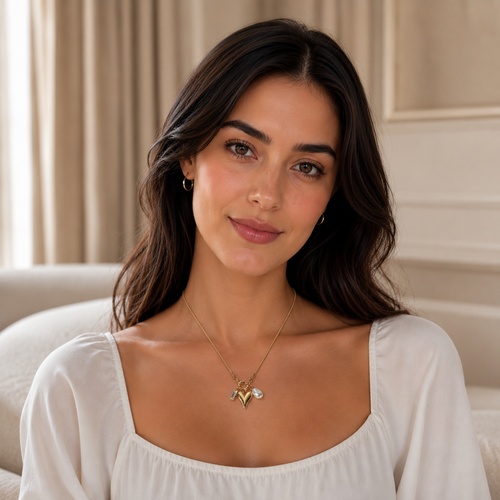 Gold-Plated Heart Charm Necklace with Pearl & Crystal Accents