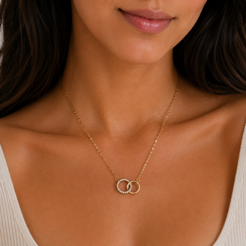 Interlocking Crystal Rings Necklace – Gold Finish Elegant Pendant