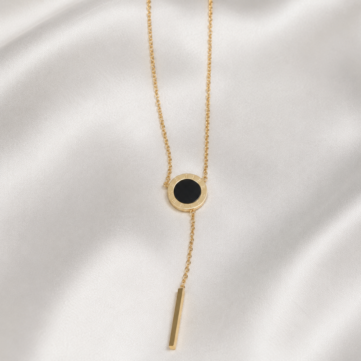 Black Roman Disc Y-Drop Necklace – Gold Finish Minimal Jewelry