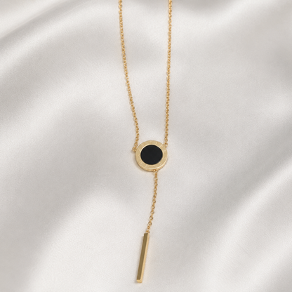 Black Roman Disc Y-Drop Necklace – Gold Finish Minimal Jewelry