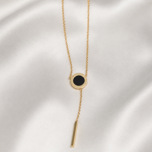 Black Roman Disc Y-Drop Necklace – Gold Finish Minimal Jewelry