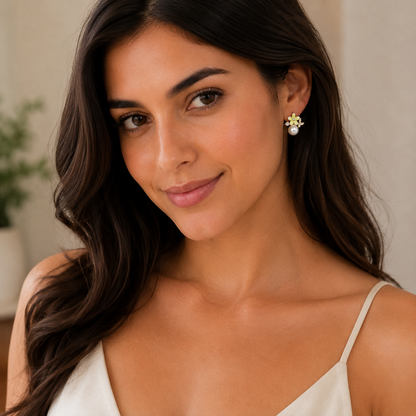 Floral Pearl Stud Earrings with Crystal Detailing