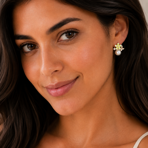 Floral Pearl Stud Earrings with Crystal Detailing