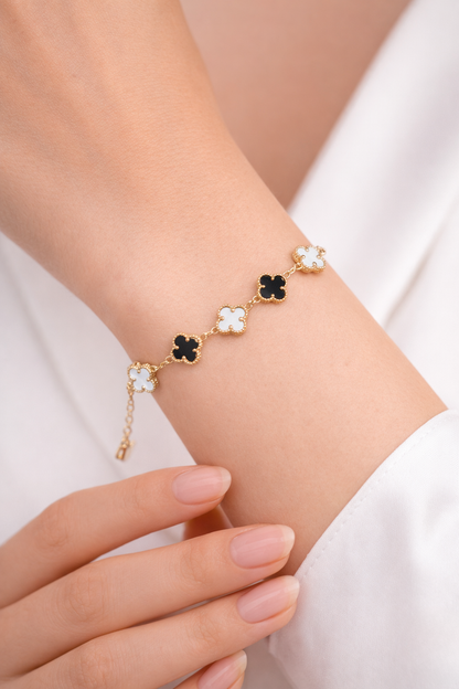 ✨ Black & White Clover Gold Bracelet – Chic Balance of Luck & Style ✨