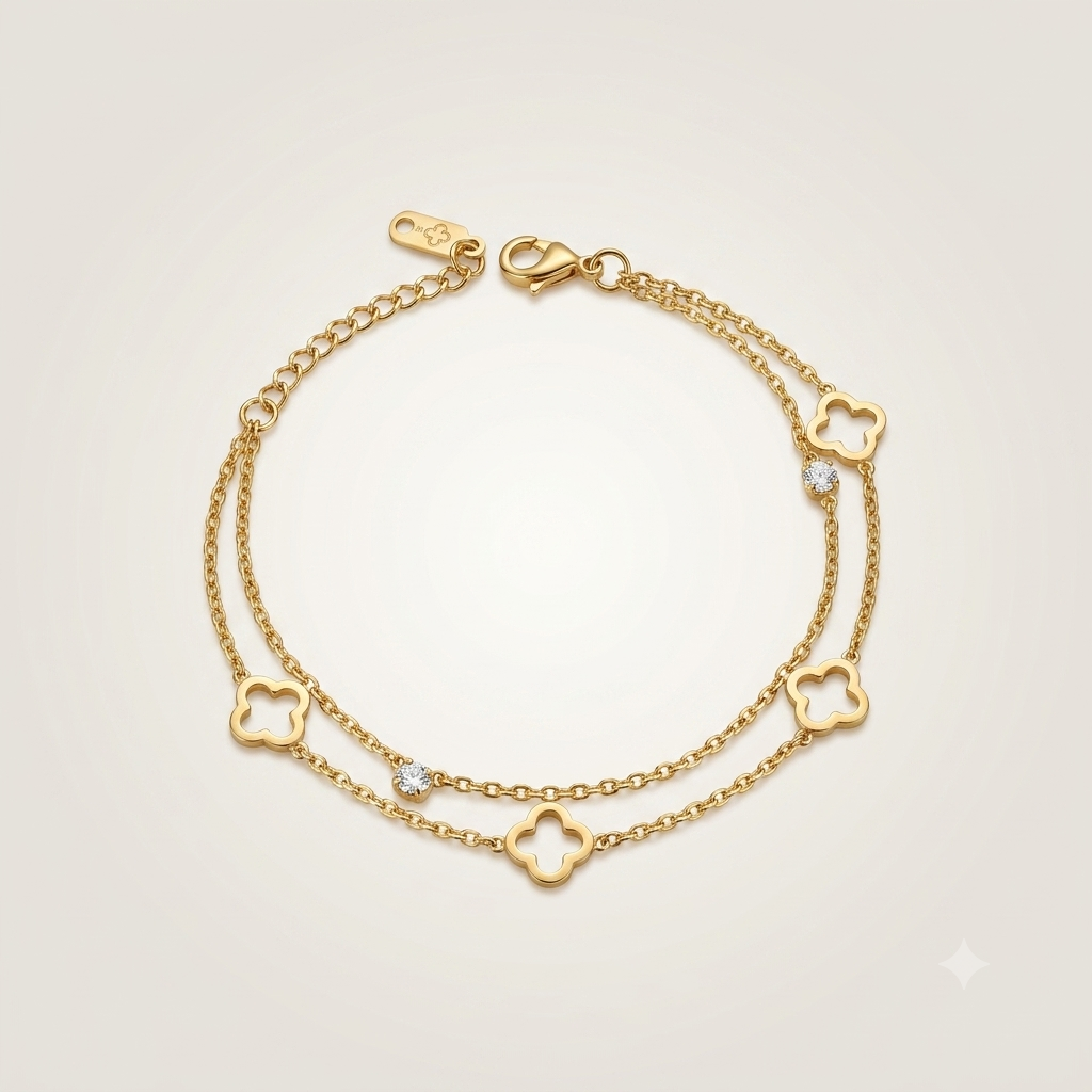 🖤🤍 Double chain Clover Gold Bracelet – Modern Elegance with Lucky Charm 🖤🤍