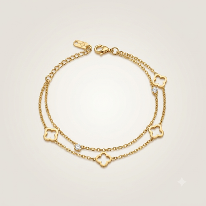 🖤🤍 Double chain Clover Gold Bracelet – Modern Elegance with Lucky Charm 🖤🤍